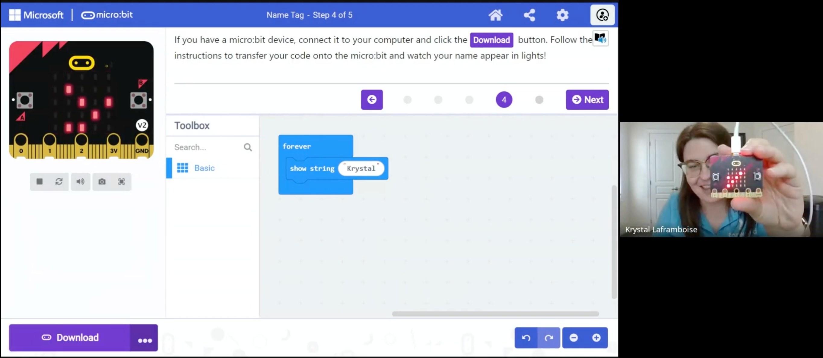 Screenshot from micro:bit Makecode coding webinar