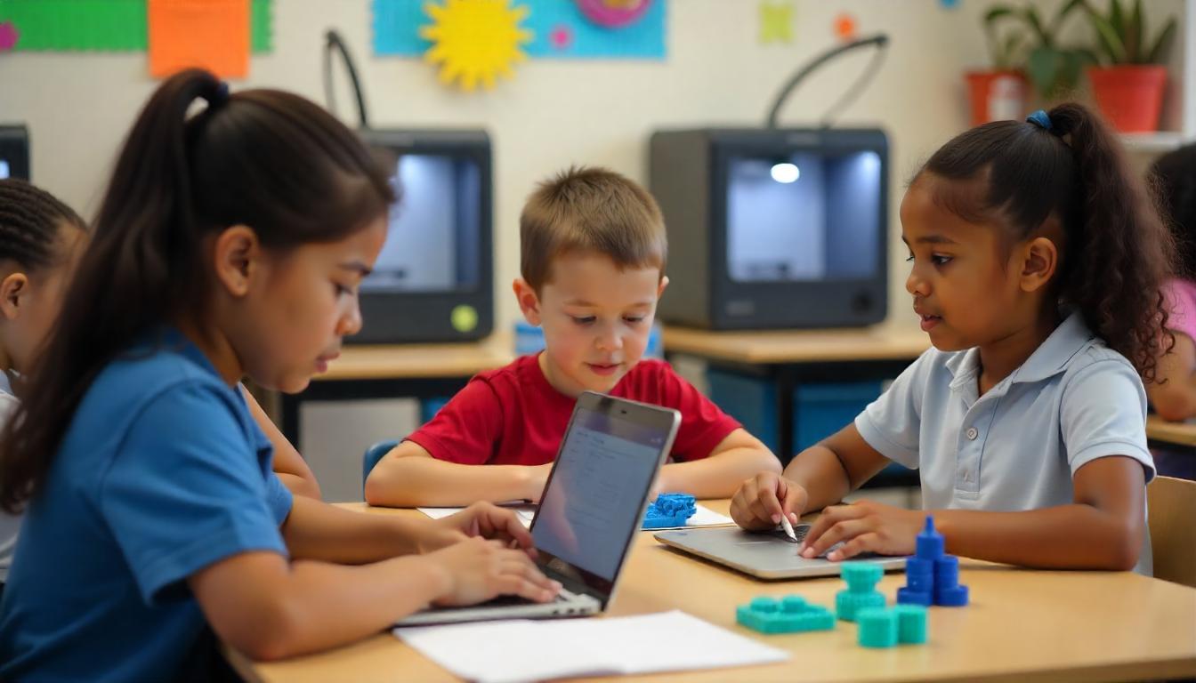 Group of young students working at table with 3D printed objects and laptops